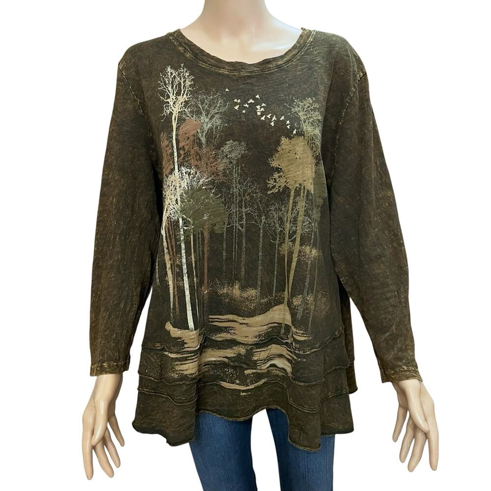Jess And Jane Forest Tree Print Tunic Tshirt XL Flounce Hem Mineral Wash Brown